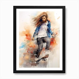 Girl Skateboarding In San Diego, United States Watercolour 3 Art Print
