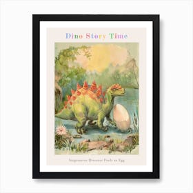 Stegosaurus Dinosaur Finds An Egg Vintage Watercolour Painting Poster Art Print