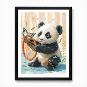 Giant Panda Cub Playing With A Butterfly Net Storybook Illustration 4 Art Print