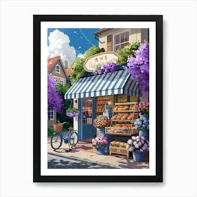 Anime Canvas Art: Charming Street-Side Bakery with Flower Shop, Vibrant Colors and Sunny Blue Sky, Perfect for Lofi Aesthetic and Small-Town Enthusiasts. Art Print