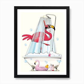 Flamingo Showering Bathroom Art Print