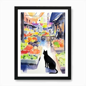 Food Market With Cats In Brooklyn 2 Watercolour Art Print