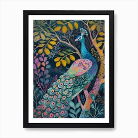 Folky Peacock In The Leaves 2 Art Print
