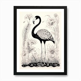 B&W Bird Linocut Flamingo 1 Art Print