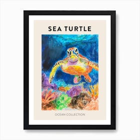 Pencil Scribble Sea Turtle In The Ocean Poster 3 Art Print