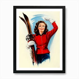 Happy Beautiful Woman Greeting Us With Ski Gear Art Print