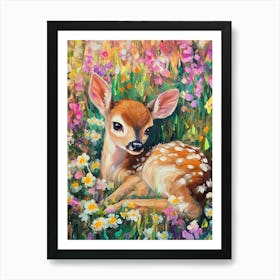 Young Deer In Wild Landscape With Spring Or Summer Colorful Flowers Art Print