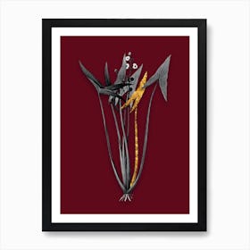 Vintage Arrowhead Black and White Gold Leaf Floral Art on Burgundy Red n.1116 Art Print