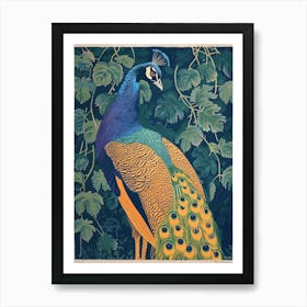 Blue Mustard Peacock & The Leaves 1 Art Print