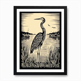 B&W Bird Linocut Great Blue Heron 4 Art Print