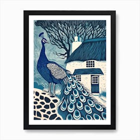 Peacock By The Cottage Navy 3 Art Print