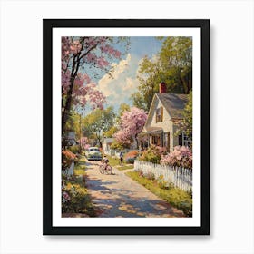 Charming 1950s Suburban Street With Classic Cars – Vintage Neighborhood Art Print Art Print