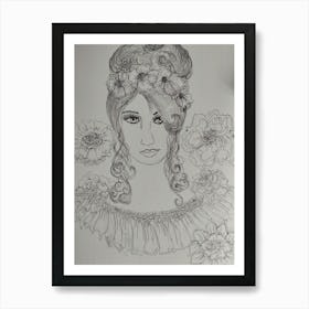 Portrait Of A Woman With Flowers Art Print