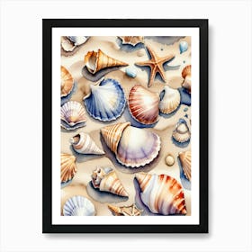 Seashells on the beach, watercolor painting 21 Art Print