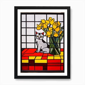 Daffodils With A Cat 3 De Stijl Style Mondrian Art Print