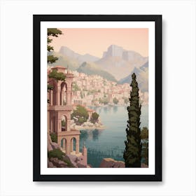 Kotor Montenegro 4 Vintage Pink Travel Illustration Art Print