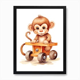 Baby Monkey On A Toy Car, Watercolour Nursery 1 Art Print