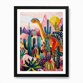 Colourful Dinosaur With Cactus & Succulent Painting 3 Art Print