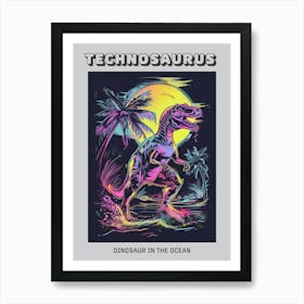 Black & Neon Dinosaur At Night In The Ocean Poster Art Print