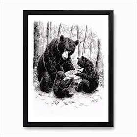 Malayan Sun Bear Family Picnicking Ink Illustration The Woods Ink Illustration 4 Art Print