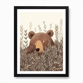 Brown Bear Hiding In Bushes Storybook Illustration 2 Art Print