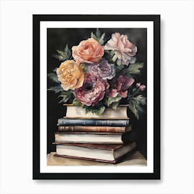 Bouquet Of Flowers On Stack Of Books Art Print