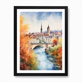 Bern Switzerland In Autumn Fall, Watercolour 4 Art Print