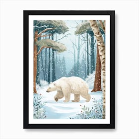 Polar Bear Walking Through A Snow Covered Forest Storybook Illustration 3 Art Print