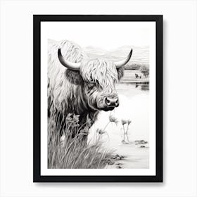 Black & White Illustration Of Highland Cow In The Lake Art Print