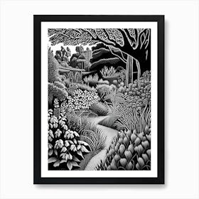 Rhs Garden Wisley, United Kingdom Linocut Black And White Vintage Art Print