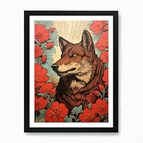 Red Wolf Vintage Woodblock 1 Art Print