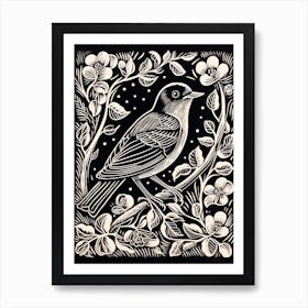 B&W Bird Linocut Robin 4 Art Print