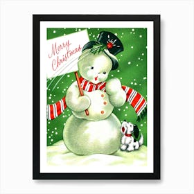 Snowman And A Little Dog Outside Wish You A Merry Christmas Art Print