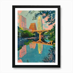 Congress Avenue Bridge Austin Texas Colourful Blockprint 2 Art Print