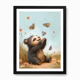 Sloth Bear Cub Playing With Butterflies Storybook Illustration 2 Art Print