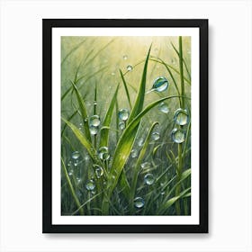 Water Droplets In Grass Art Print