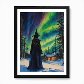 A Witch at The Northern Lights - Outside her Winter Cottage She Witnesses The Magick of Aurora Borealis, Spellcasting For Yule, The Winter Solstice Witches Christmas Wicca Wheel of the Year, Paganism Art Print by Lyra the Lavender Witch Art Print