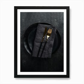 Cutlery and black plate — Food kitchen poster/blackboard, photo art 1 Art Print