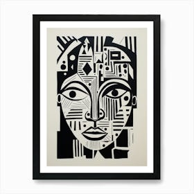 Cyber Geometric Linocut Inspired Face Art Print