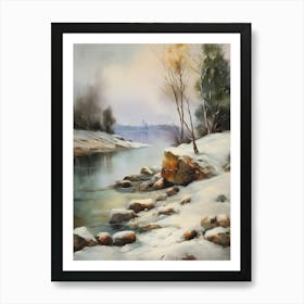 Ancient landscapes, old winter oil paintings and rocks around the lake bank. Snow is falling on the lake, old colors.8 2 Art Print