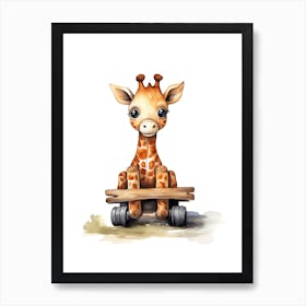 Baby Giraffe On Toy Car, Watercolour Nursery 2 Art Print