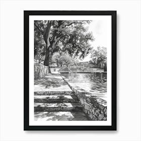 Barton Springs Pool Austin Texas Black And White Drawing 3 Art Print