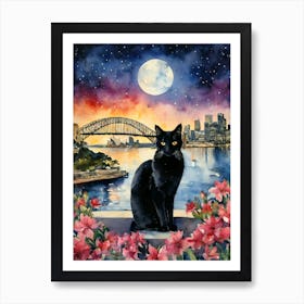 The Black Cat in Sydney Harbour Bridge Bay Opera House Iconic Australia Cityscapes on a Full Moon Traditional Watercolor Art Print Kitty Travels Home and Room Wall Art Cool Decor Klimt and Matisse Inspired Modern Awesome Cool Unique Pagan Witchy Witches Familiar Gift For Cat Lady Animal Lovers World Travelling Genuine Works by British Watercolour Artist Lyra O'Brien Art Print