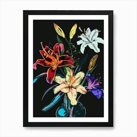 Neon Flowers On Black Bouquet 2 Art Print