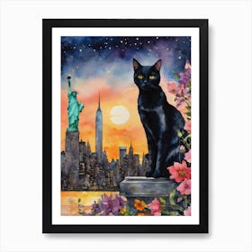 Black Cat In New York City - Visiting The Empire State Building and Statue of Liberty New York City Skyline Iconic Cityscapes Traditional Watercolor Art Print Kitty Travels Home and Room Wall Art Cool Decor Klimt and Matisse Inspired Modern Awesome Cool Unique Pagan Witchy Witches Familiar Gift For Cat Lady Animal Lovers World Travelling Genuine Works by British Watercolour Artist Lyra O'Brien  Art Print