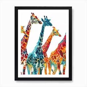 Herd Of Giraffes Orange & Blue Watercolour Art Print