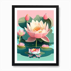 Blooming Lotus Flower In Lake Scandi Cartoon 2 Art Print