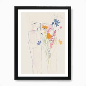 Blue Jeans Line Art Flowers 3 Art Print