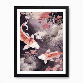 Pink And Purple Koi Fish Watercolour With Botanicals 2 Art Print