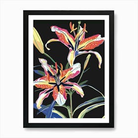 Neon Flowers On Black Lily 5 Art Print